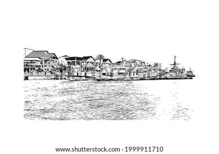 Building view with landmark of George town is the capital of Cayman Islands. Hand drawn sketch illustration in vector.