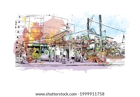 Building view with landmark of George town is the capital of Cayman Islands. Watercolor splash with hand drawn sketch illustration in vector.