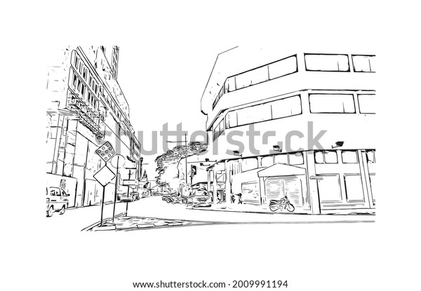 Building view with\
landmark of George Town is the \
city in Malaysia. Hand drawn\
sketch illustration in\
vector.
