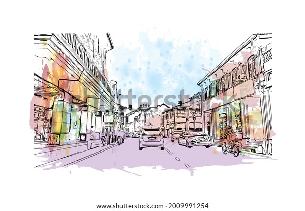 Building view with landmark of George Town is the

city in Malaysia. Watercolor splash with hand drawn sketch
illustration in
vector.