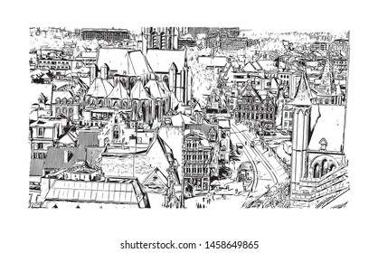 Building view with landmark of Ghent is a port city in northwest Belgium. Hand drawn sketch illustration in vector.