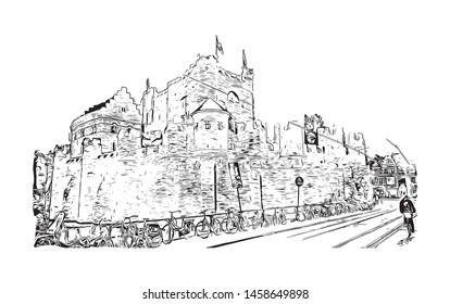Building view with landmark of Ghent is a port city in northwest Belgium. Hand drawn sketch illustration in vector.