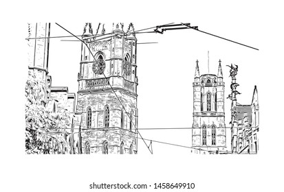 Building view with landmark of Ghent is a port city in northwest Belgium. Hand drawn sketch illustration in vector.