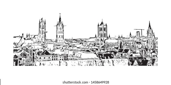 Building view with landmark of Ghent is a port city in northwest Belgium. Hand drawn sketch illustration in vector.