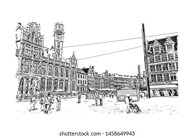 Building view with landmark of Ghent is a port city in northwest Belgium. Hand drawn sketch illustration in vector.
