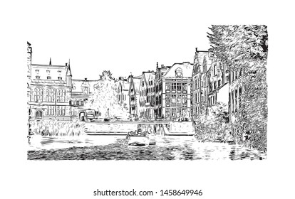 Building view with landmark of Ghent is a port city in northwest Belgium. Hand drawn sketch illustration in vector.