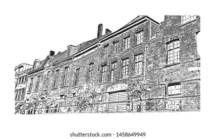 Building view with landmark of Ghent is a port city in northwest Belgium. Hand drawn sketch illustration in vector.
