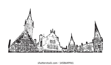 Building view with landmark of Ghent is a port city in northwest Belgium. Hand drawn sketch illustration in vector.
