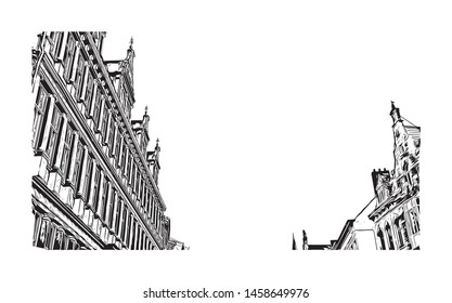 Building view with landmark of Ghent is a port city in northwest Belgium. Hand drawn sketch illustration in vector.