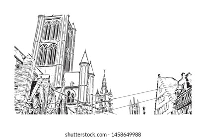 Building view with landmark of Ghent is a port city in northwest Belgium. Hand drawn sketch illustration in vector.