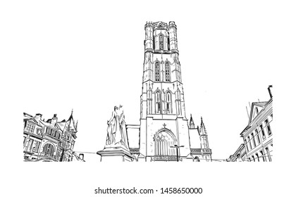 Building view with landmark of Ghent is a port city in northwest Belgium. Hand drawn sketch illustration in vector.