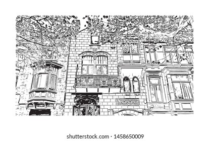Building view with landmark of Ghent is a port city in northwest Belgium. Hand drawn sketch illustration in vector.