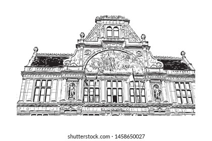 Building view with landmark of Ghent is a port city in northwest Belgium. Hand drawn sketch illustration in vector.