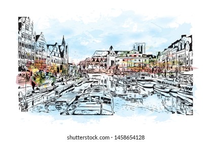 Building view with landmark of Ghent is a port city in northwest Belgium. Watercolor splash with Hand drawn sketch illustration in vector.