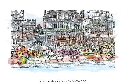Building view with landmark of Ghent is a port city in northwest Belgium. Watercolor splash with Hand drawn sketch illustration in vector.