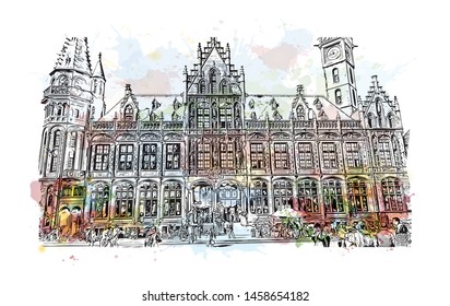 Building view with landmark of Ghent is a port city in northwest Belgium. Watercolor splash with Hand drawn sketch illustration in vector.