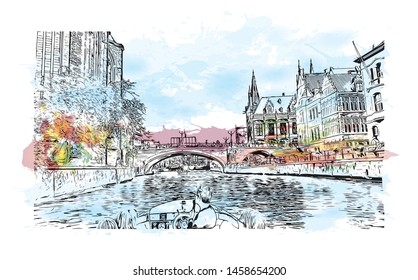 Building view with landmark of Ghent is a port city in northwest Belgium. Watercolor splash with Hand drawn sketch illustration in vector.