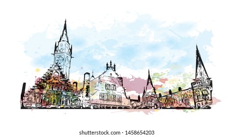 Building view with landmark of Ghent is a port city in northwest Belgium. Watercolor splash with Hand drawn sketch illustration in vector.