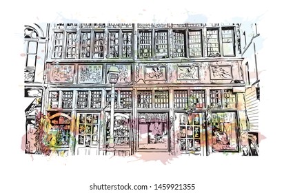 Building view with landmark of Ghent is a port city in northwest Belgium. Watercolor splash with Hand drawn sketch illustration in vector.