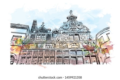Building view with landmark of Ghent is a port city in northwest Belgium. Watercolor splash with Hand drawn sketch illustration in vector.