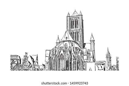 Building view with landmark of Ghent is a port city in northwest Belgium. Hand drawn sketch illustration in vector.