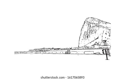 Building view with landmark of Gibraltar is a British Overseas Territory and headland, on Spain's south coast. Hand drawn sketch illustration in vector.