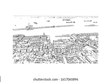 Building view with landmark of Gibraltar is a British Overseas Territory and headland, on Spain's south coast. Hand drawn sketch illustration in vector.