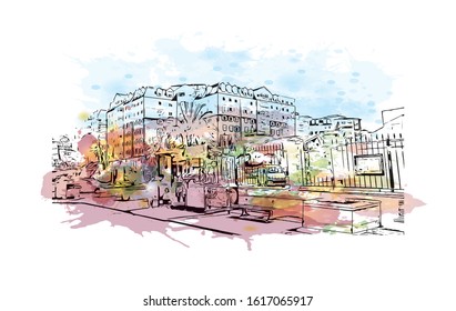Building view with landmark of Gibraltar is a British Overseas Territory and headland, on Spain's south coast. Watercolor splash with Hand drawn sketch illustration in vector.