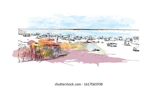 Building view with landmark of Gibraltar is a British Overseas Territory and headland, on Spain's south coast. Watercolor splash with Hand drawn sketch illustration in vector.
