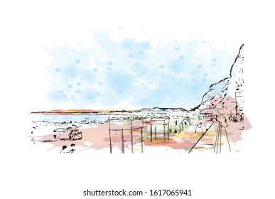 Building view with landmark of Gibraltar is a British Overseas Territory and headland, on Spain's south coast. Watercolor splash with Hand drawn sketch illustration in vector.