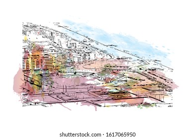 Building view with landmark of Gibraltar is a British Overseas Territory and headland, on Spain's south coast. Watercolor splash with Hand drawn sketch illustration in vector.