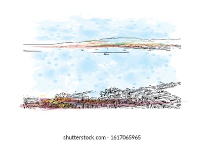 Building view with landmark of Gibraltar is a British Overseas Territory and headland, on Spain's south coast. Watercolor splash with Hand drawn sketch illustration in vector.