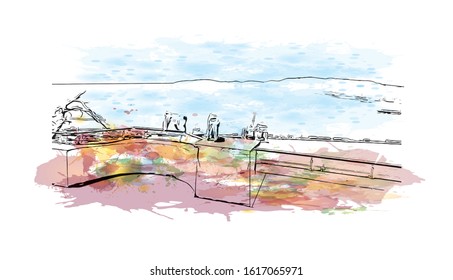 Building view with landmark of Gibraltar is a British Overseas Territory and headland, on Spain's south coast. Watercolor splash with Hand drawn sketch illustration in vector.