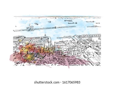 Building view with landmark of Gibraltar is a British Overseas Territory and headland, on Spain's south coast. Watercolor splash with Hand drawn sketch illustration in vector.