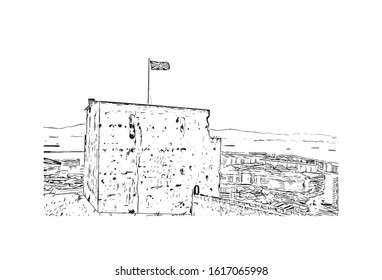 Building view with landmark of Gibraltar is a British Overseas Territory and headland, on Spain's south coast. Hand drawn sketch illustration in vector.