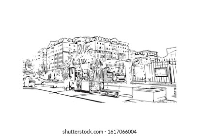 Building view with landmark of Gibraltar is a British Overseas Territory and headland, on Spain's south coast. Hand drawn sketch illustration in vector.