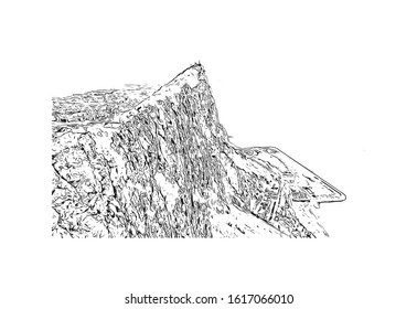 Building view with landmark of Gibraltar is a British Overseas Territory and headland, on Spain's south coast. Hand drawn sketch illustration in vector.