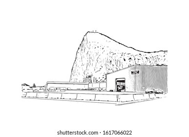 Building view with landmark of Gibraltar is a British Overseas Territory and headland, on Spain's south coast. Hand drawn sketch illustration in vector.