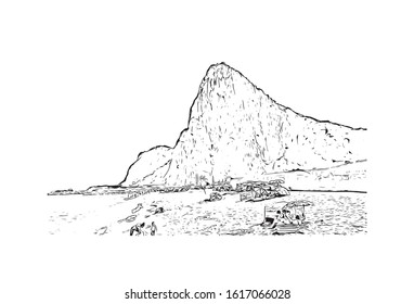 Building view with landmark of Gibraltar is a British Overseas Territory and headland, on Spain's south coast. Hand drawn sketch illustration in vector.