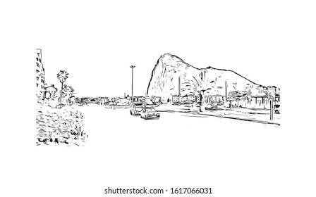 Building view with landmark of Gibraltar is a British Overseas Territory and headland, on Spain's south coast. Hand drawn sketch illustration in vector.