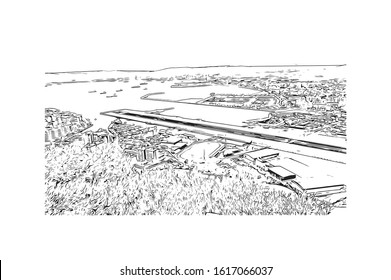 Building view with landmark of Gibraltar is a British Overseas Territory and headland, on Spain's south coast. Hand drawn sketch illustration in vector.