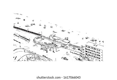 Building view with landmark of Gibraltar is a British Overseas Territory and headland, on Spain's south coast. Hand drawn sketch illustration in vector.