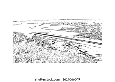 Building view with landmark of Gibraltar is a British Overseas Territory and headland, on Spain's south coast. Hand drawn sketch illustration in vector.