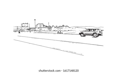 Building view with landmark of Gibraltar is a British Overseas Territory and headland, on Spain's south coast. Hand drawn sketch illustration in vector.