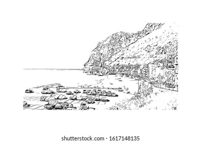 Building view with landmark of Gibraltar is a British Overseas Territory and headland, on Spain's south coast. Hand drawn sketch illustration in vector.