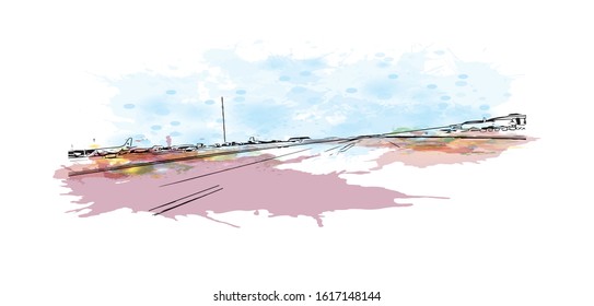 Building view with landmark of Gibraltar is a British Overseas Territory and headland, on Spain's south coast. Watercolor splash with Hand drawn sketch illustration in vector.