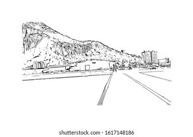 Building view with landmark of Gibraltar is a British Overseas Territory and headland, on Spain's south coast. Hand drawn sketch illustration in vector.