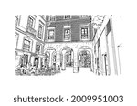 Building view with landmark of Gijon is a large coastal city in northern Spain. Hand drawn sketch illustration in vector.