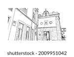 Building view with landmark of Gijon is a large coastal city in northern Spain. Hand drawn sketch illustration in vector.