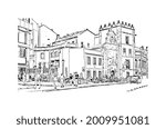 Building view with landmark of Gijon is a large coastal city in northern Spain. Hand drawn sketch illustration in vector.